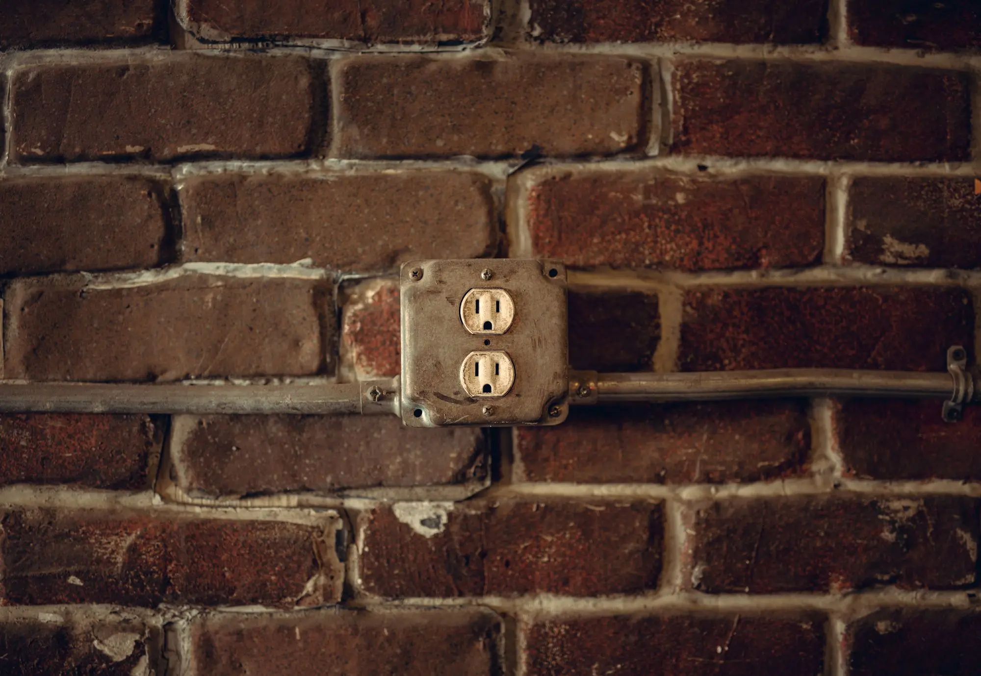 Metal conduit and older sockets running across an exposed brick wall