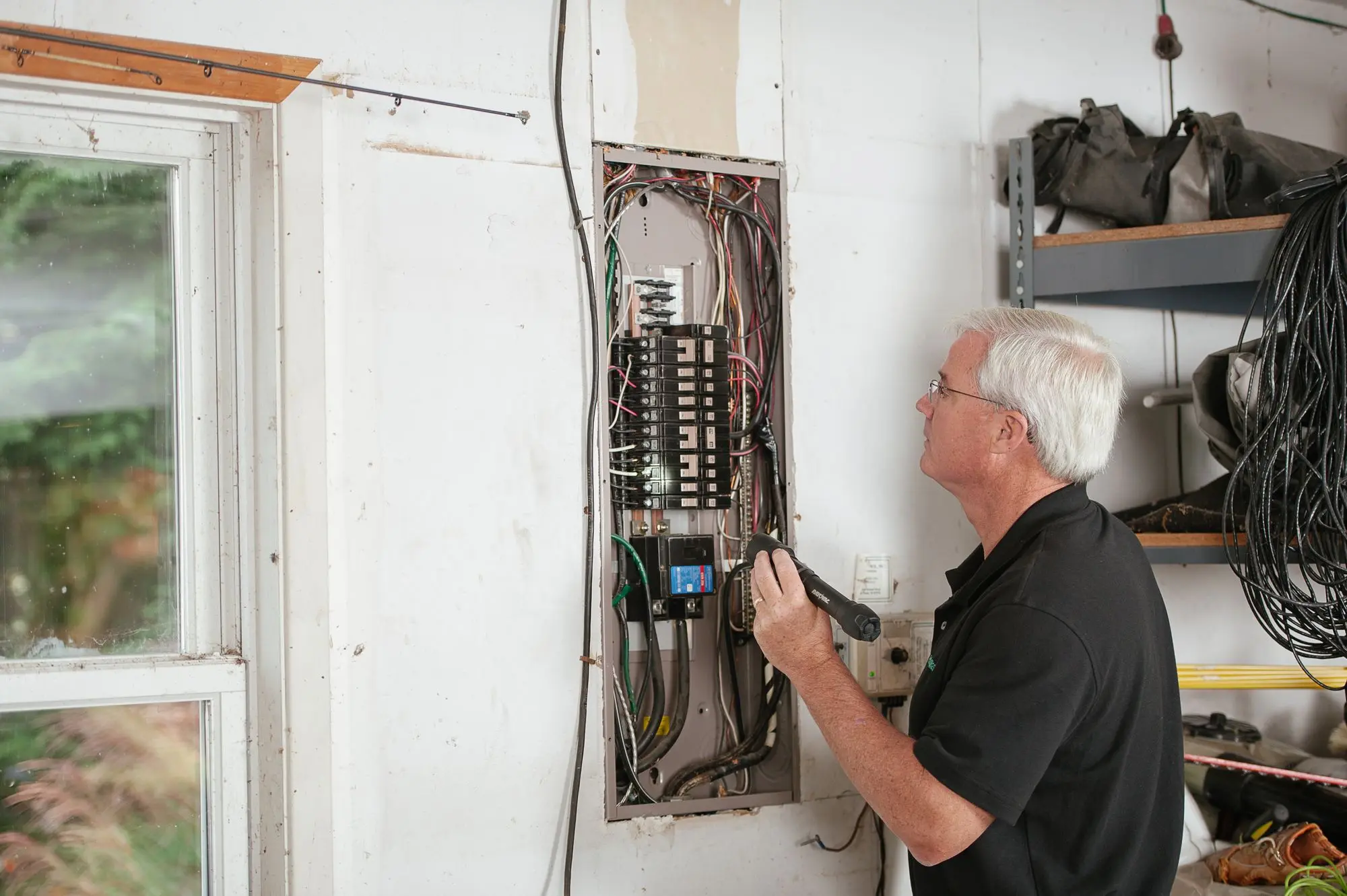 An electrician examining the inside of a residential fuse box