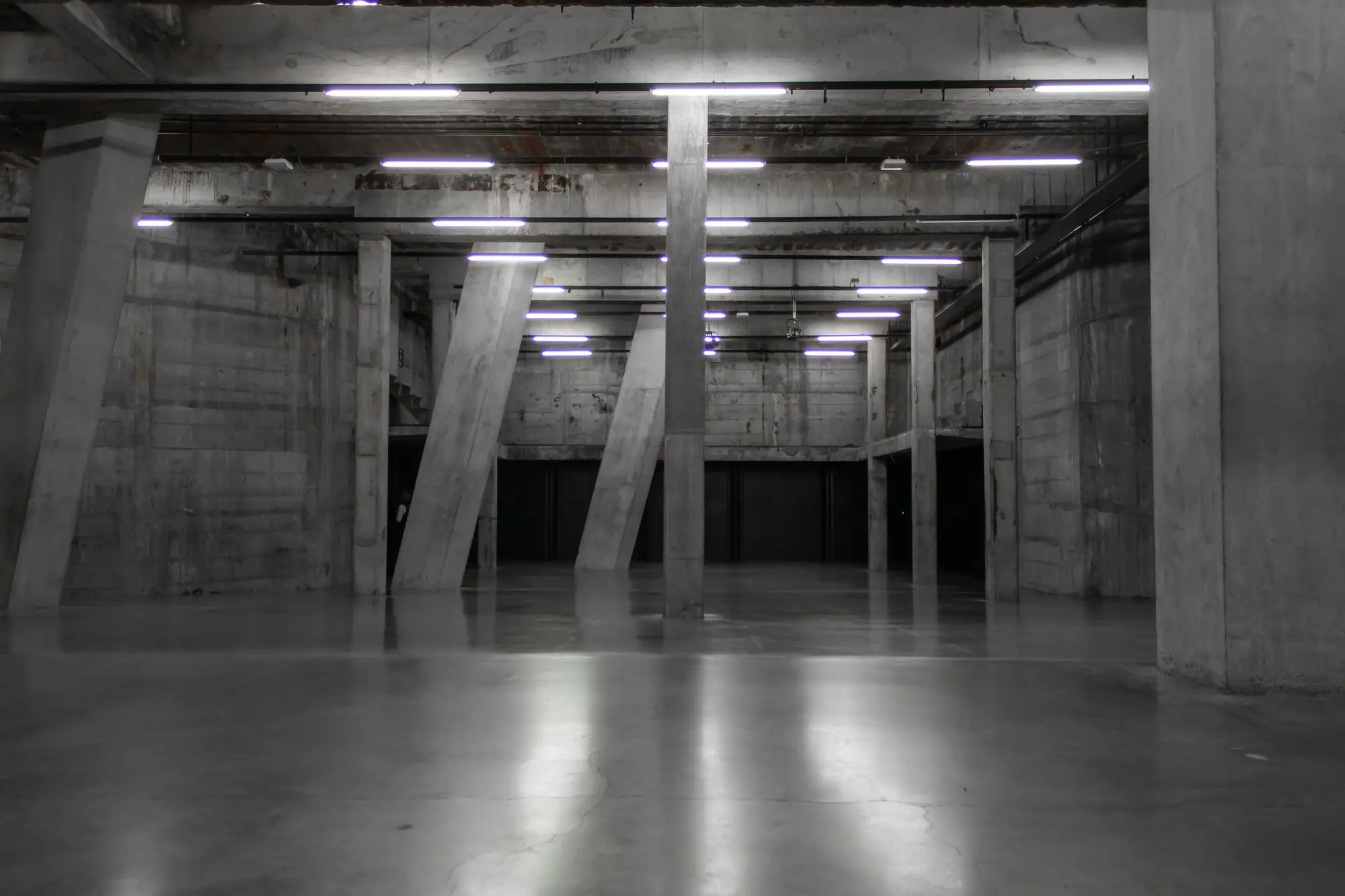 A large concrete commercial interior lit by continuous linear fittings