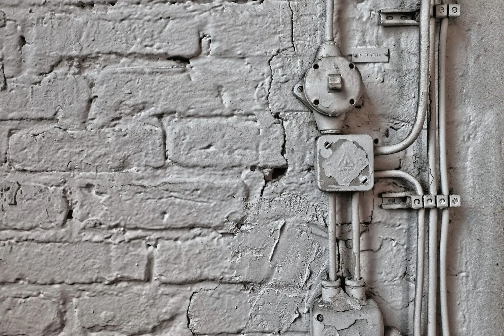Aged electrical cable and junction boxes fixed to an old brick wall