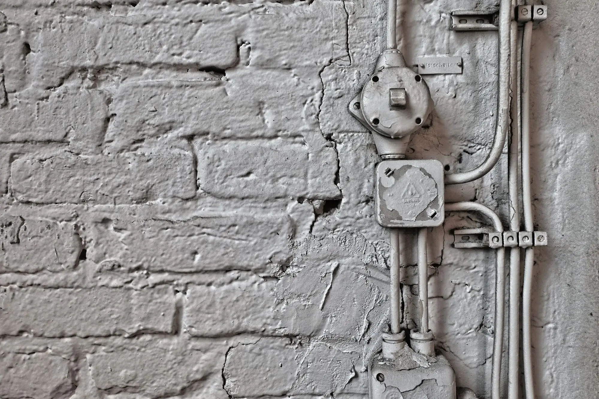 Aged electrical cable and junction boxes fixed to an old brick wall